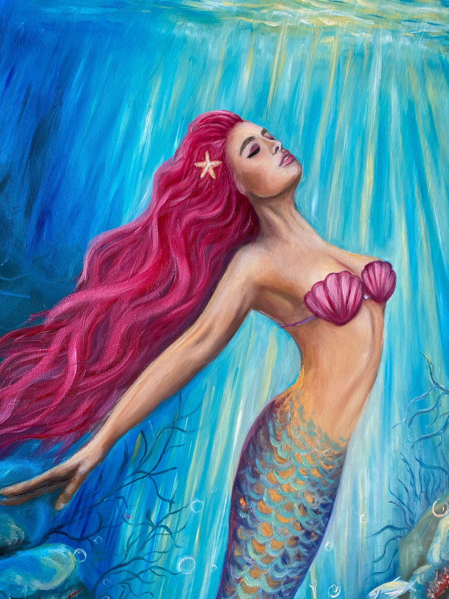 Large Mermaid in the Sea Painting on Canvas Mermaid Wall Art Decor Underwater Painting Mermaid Artwork Siren Art Mermaid Girl Oil Painting