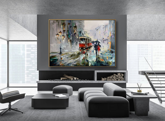 Rainy City Street Painting on Canvas Landscape City Artwork Prague Painting Original European Wall Art Large City Scape Oil Painting