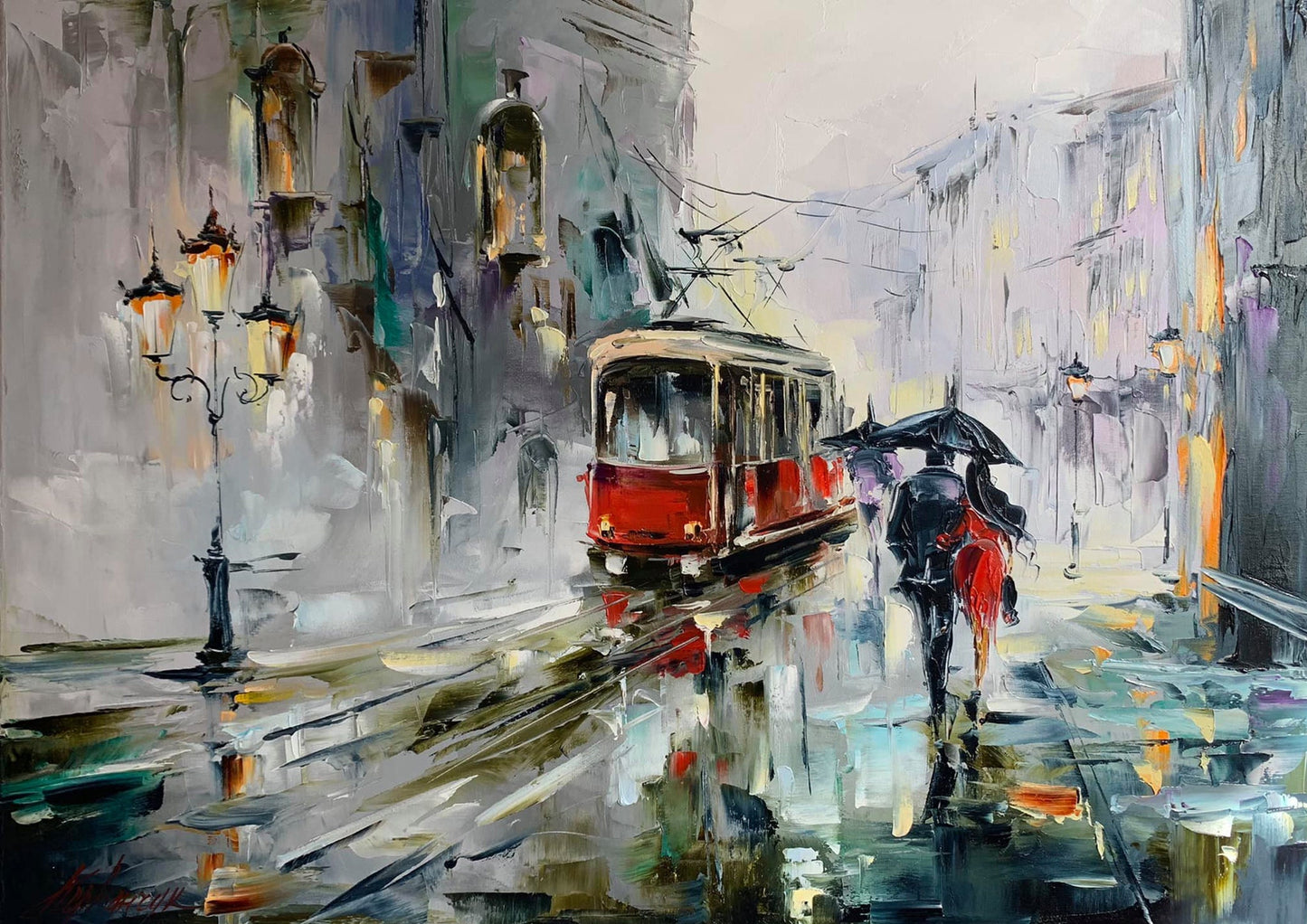 Rainy City Street Painting on Canvas Landscape City Artwork Prague Painting Original European Wall Art Large City Scape Oil Painting