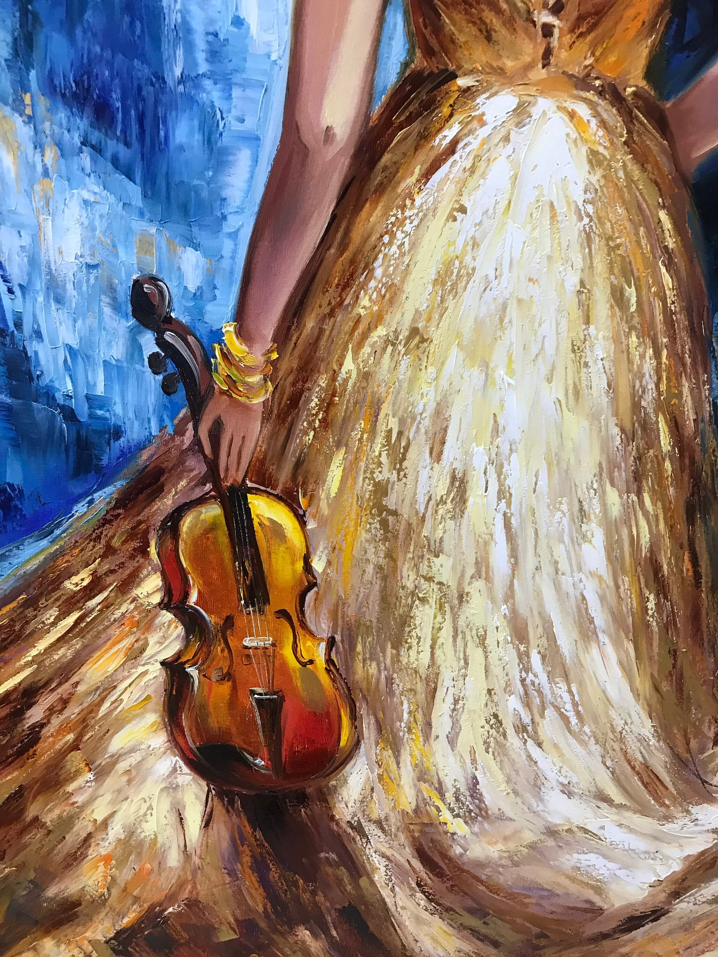 Violin Girl Oil Painting Original Violin Wall Art Painting of Woman From Behind Violin Gifts Modern Blue Gold Violinist Painting 30x40"