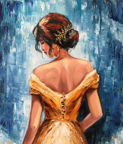 Violin Girl Oil Painting Original Violin Wall Art Painting of Woman From Behind Violin Gifts Modern Blue Gold Violinist Painting 30x40"