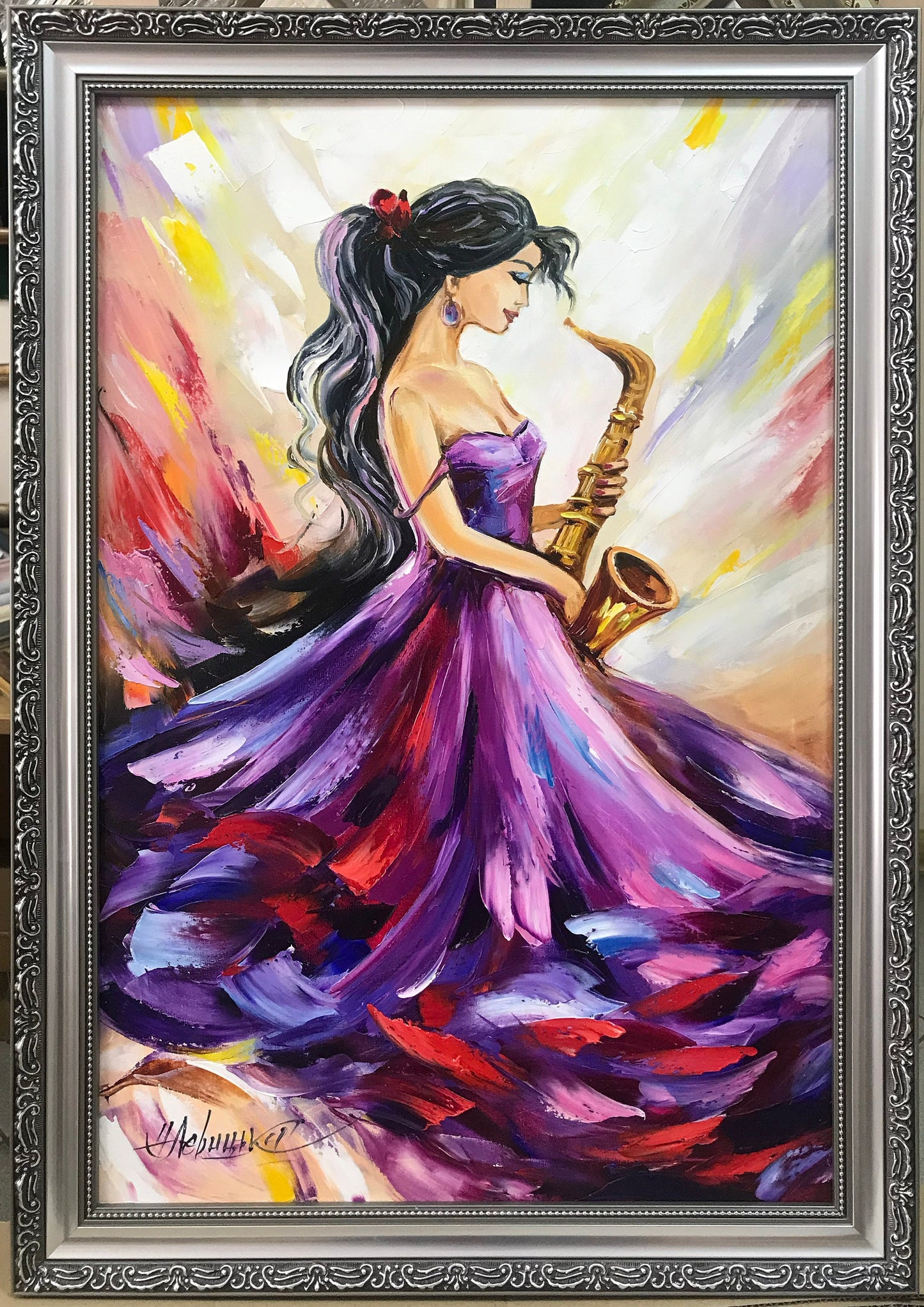 Large Woman in Purple Dress Painting on Canvas Abstract Woman Saxophone Wall Art Girl Music Oil Painting Original Abstract Jazz Wall Artwork