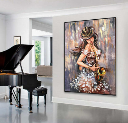 Abstract Figurative Painting Woman Playing Saxophone Oil Painting Modern Figurative Art Jazz Painting Gray Gold Painting Abstract Woman Art