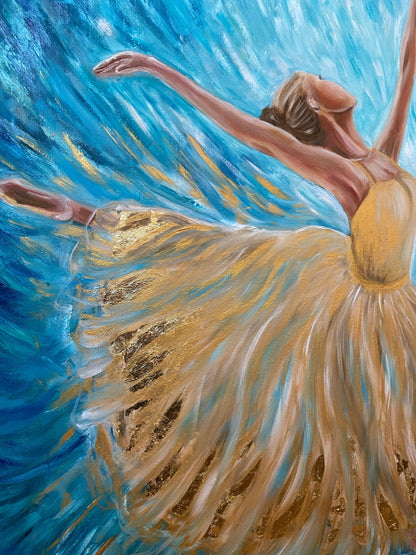 Abstract Ballerina Oil Painting Original Ballerina Room Decor Blue Gold Ballet Artwork Dancing Wall Art Modern Ballerina Painting on Canvas