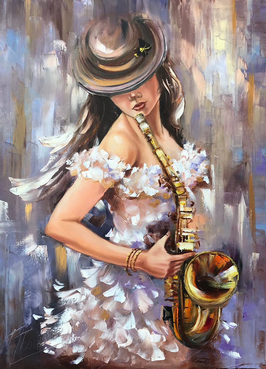 Abstract Saxophone Oil Painting Original Jazz Woman Wall Art Saxophonist Painting Jazz Lover Gift Musician Artwork Large Saxophone Painting