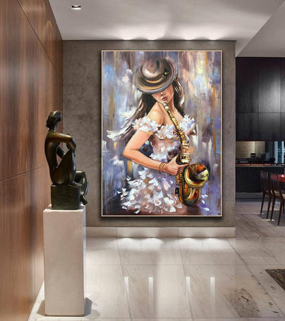 Abstract Saxophone Oil Painting Original Jazz Woman Wall Art Saxophonist Painting Jazz Lover Gift Musician Artwork Large Saxophone Painting