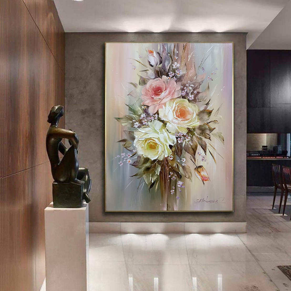 Large Abstract Roses Oil Painting Original Floral Art Work Abstract Flower Painting Textured Flower Canvas Wall Art Large Rose Painting