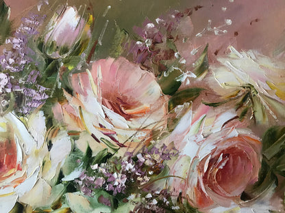 Roses Bouquet Oil Paintings Original Flowers in a Vase Paintings Classic Artwork Pink Flowers Art Roses Flower Oil Painting Art Gift For Her