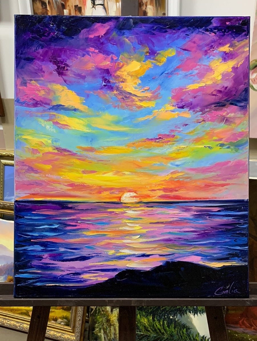 California Sunset Oil Painting Original Cloud Oil Painting Waves Painting on Canvas Panoramic Painting Textured Artwork Night Sky Painting