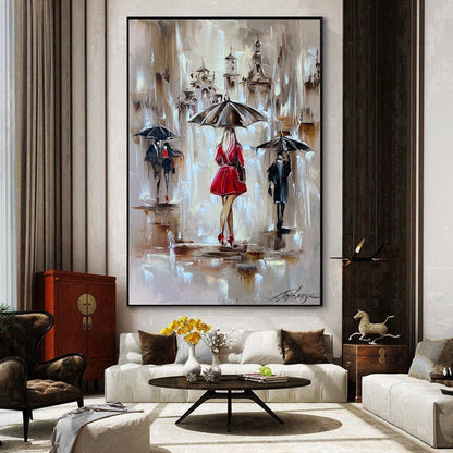 Rainy Street Scene Oil Painting Original, Elegant Lady in Red with Umbrella Artwork, Figures in the Rain Wall Art