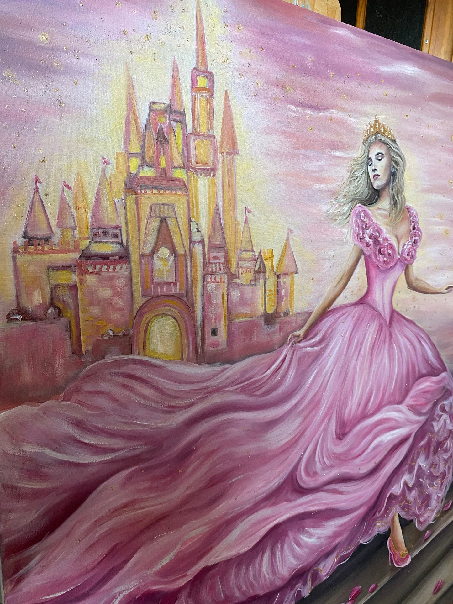 Cinderella Painting on Canvas Disney Castle Oil Painting Pink Gold Cinderella Decor Disney Princess Wall Art Girly Painting Fairy Tale Art