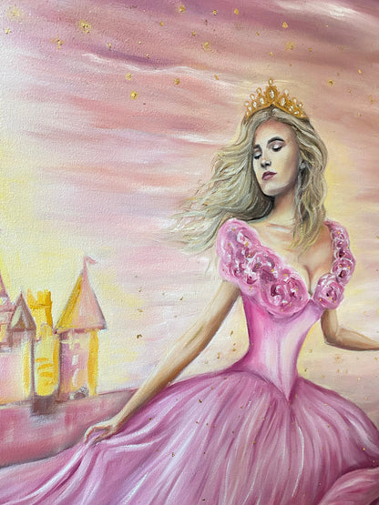 Cinderella Painting on Canvas Disney Castle Oil Painting Pink Gold Cinderella Decor Disney Princess Wall Art Girly Painting Fairy Tale Art