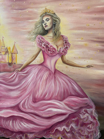 Cinderella Painting on Canvas Disney Castle Oil Painting Pink Gold Cinderella Decor Disney Princess Wall Art Girly Painting Fairy Tale Art