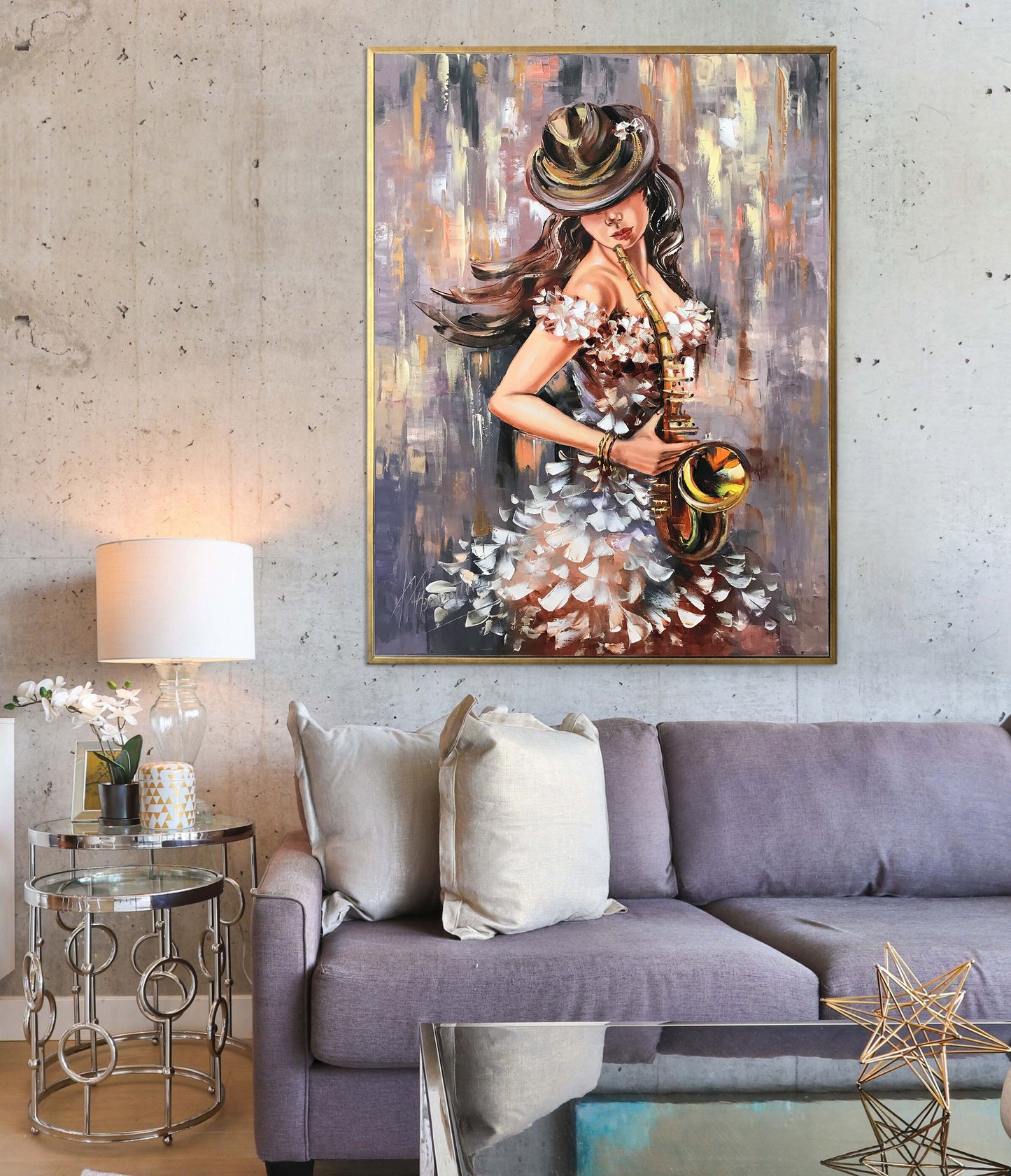 Abstract Figurative Painting Woman Playing Saxophone Oil Painting Modern Figurative Art Jazz Painting Gray Gold Painting Abstract Woman Art