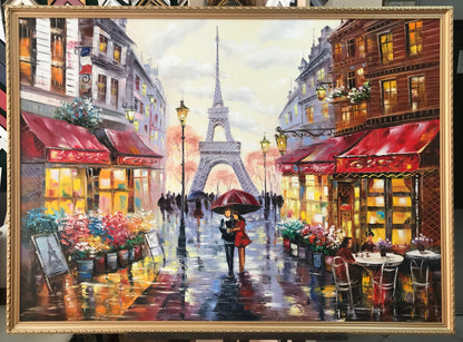 Love in Paris Oil Painting Original Red Umbrella Painting Eiffel Tower Art Evening Walk in Paris Couple in Love Art Night Time Wall Art