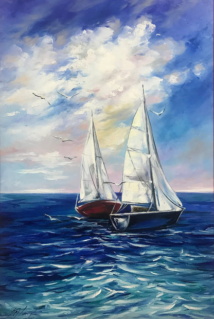 Large Sailboat at Sea Oil Painting on Canvas, Blue Ocean Wave Wall Art, Sailboat Paintings, Boat Artwork, Large Boat Seascape Oil Painting