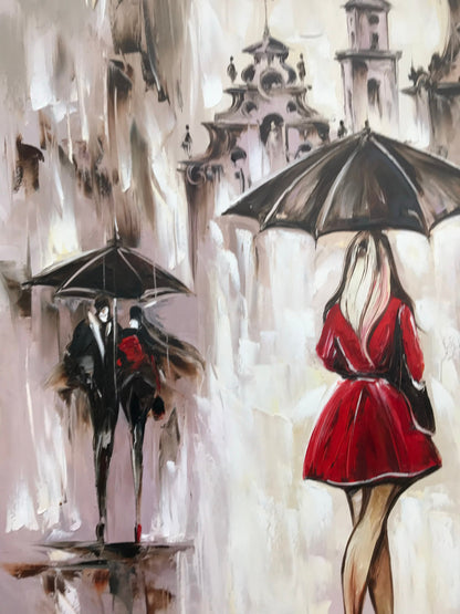 Rainy Street Scene Oil Painting Original, Elegant Lady in Red with Umbrella Artwork, Figures in the Rain Wall Art