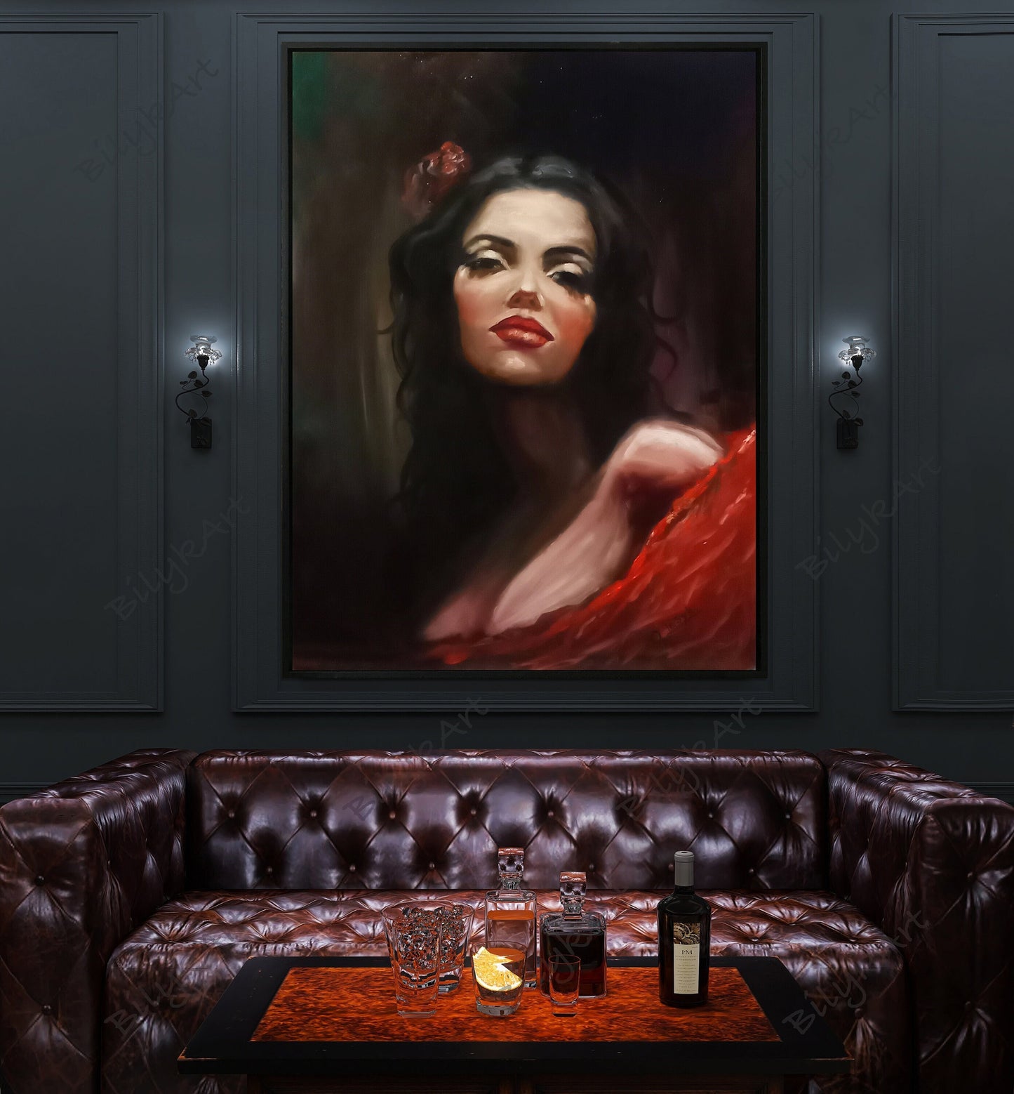 Woman Face Painting on Canvas Original Portrait Oil Painting Sexy Woman Artwork Red Lips Painting Naked Woman Oil Painting Romantic Artwork