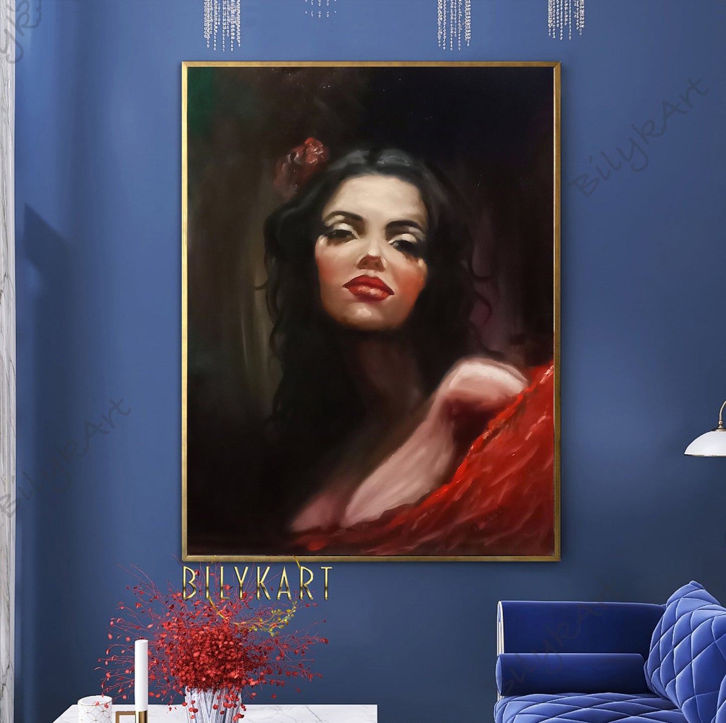 Woman Face Painting on Canvas Original Portrait Oil Painting Sexy Woman Artwork Red Lips Painting Naked Woman Oil Painting Romantic Artwork