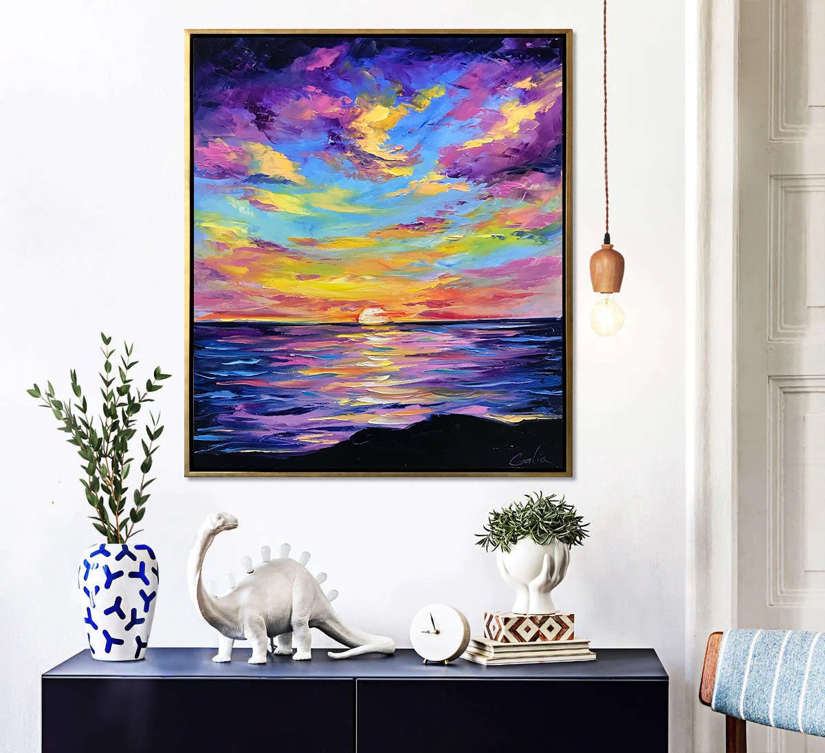 California Sunset Oil Painting Original Cloud Oil Painting Waves Painting on Canvas Panoramic Painting Textured Artwork Night Sky Painting