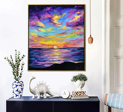 California Sunset Oil Painting Original Cloud Oil Painting Waves Painting on Canvas Panoramic Painting Textured Artwork Night Sky Painting