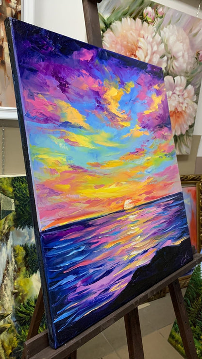 California Sunset Oil Painting Original Cloud Oil Painting Waves Painting on Canvas Panoramic Painting Textured Artwork Night Sky Painting