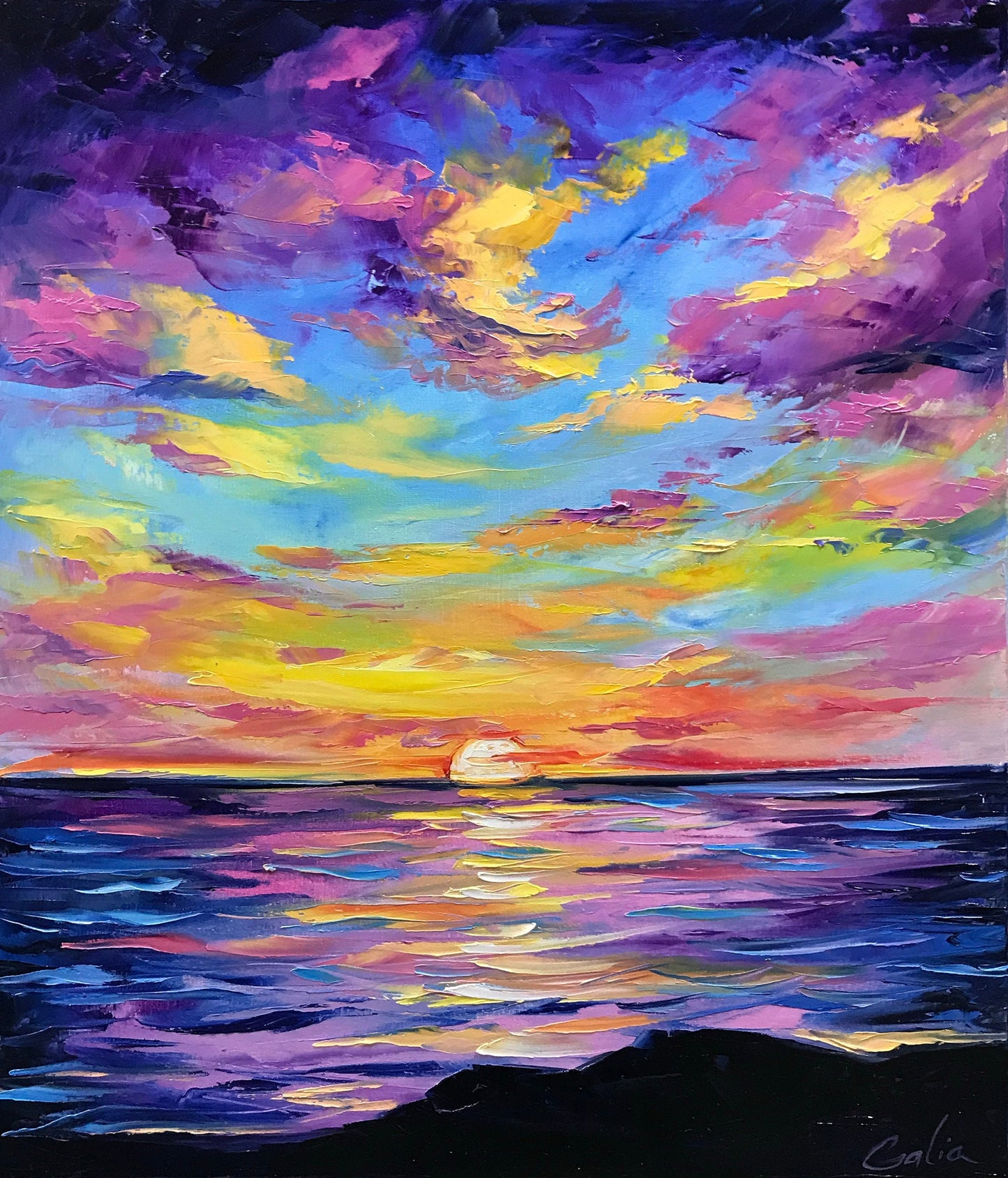 California Sunset Oil Painting Original Cloud Oil Painting Waves Painting on Canvas Panoramic Painting Textured Artwork Night Sky Painting