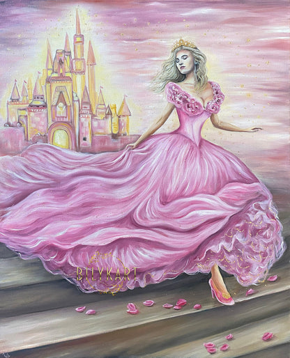 Cinderella Painting on Canvas Disney Castle Oil Painting Pink Gold Cinderella Decor Disney Princess Wall Art Girly Painting Fairy Tale Art