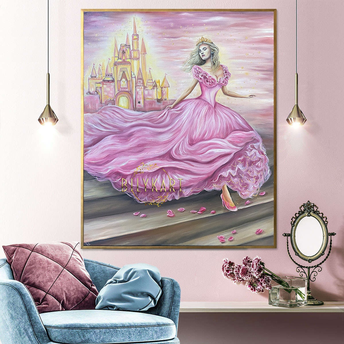 Cinderella Painting on Canvas Disney Castle Oil Painting Pink Gold Cinderella Decor Disney Princess Wall Art Girly Painting Fairy Tale Art