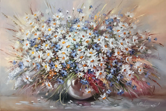 Large Daisy Oil Painting Original Art Wildflower Bouquet Painting on Canvas Wildflowers Wall Art Flowers in Vase Oil Painting Daisy Artwork