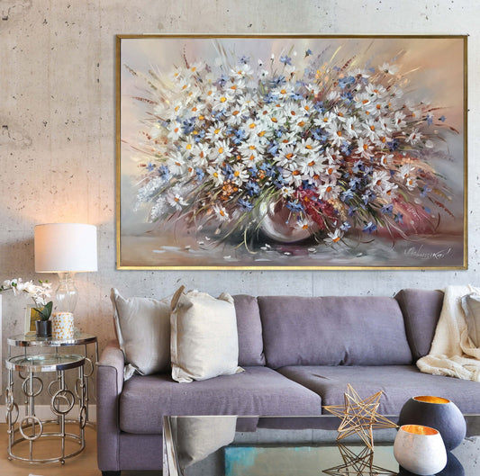 Large Daisy Oil Painting Original Art Wildflower Bouquet Painting on Canvas Wildflowers Wall Art Flowers in Vase Oil Painting Daisy Artwork