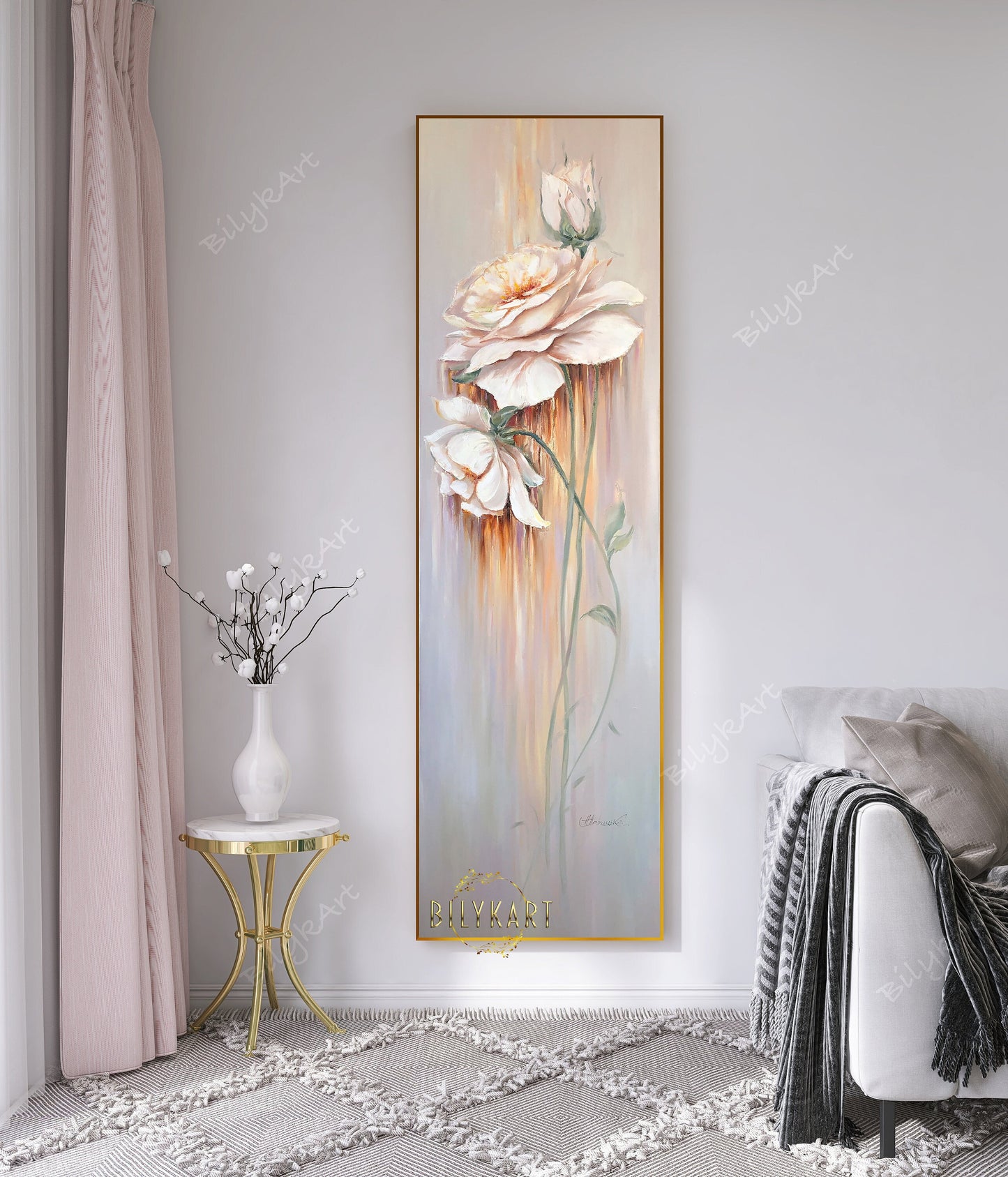 Long Narrow Wall Art Large Roses Flowers Oil Painting Tall Wall Art Pastel Colors Flowers Painting Long Painting Vertical Narrow Wall Decor