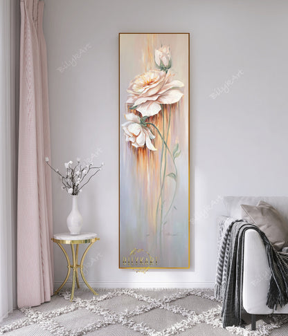 Long Narrow Wall Art Large Roses Flowers Oil Painting Tall Wall Art Pastel Colors Flowers Painting Long Painting Vertical Narrow Wall Decor