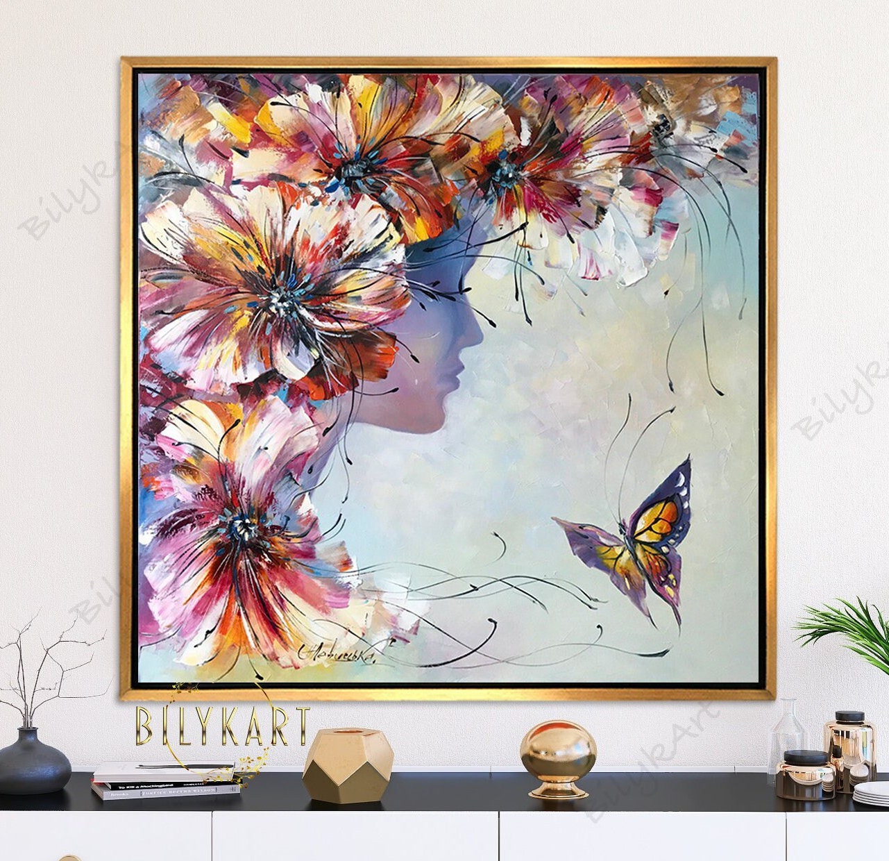 Woman with Flowers Head Painting Original Flower Power Art Forest Fairytale Room Decor Fairy Tale Art Flower Girl Paintings Flower Woman Art