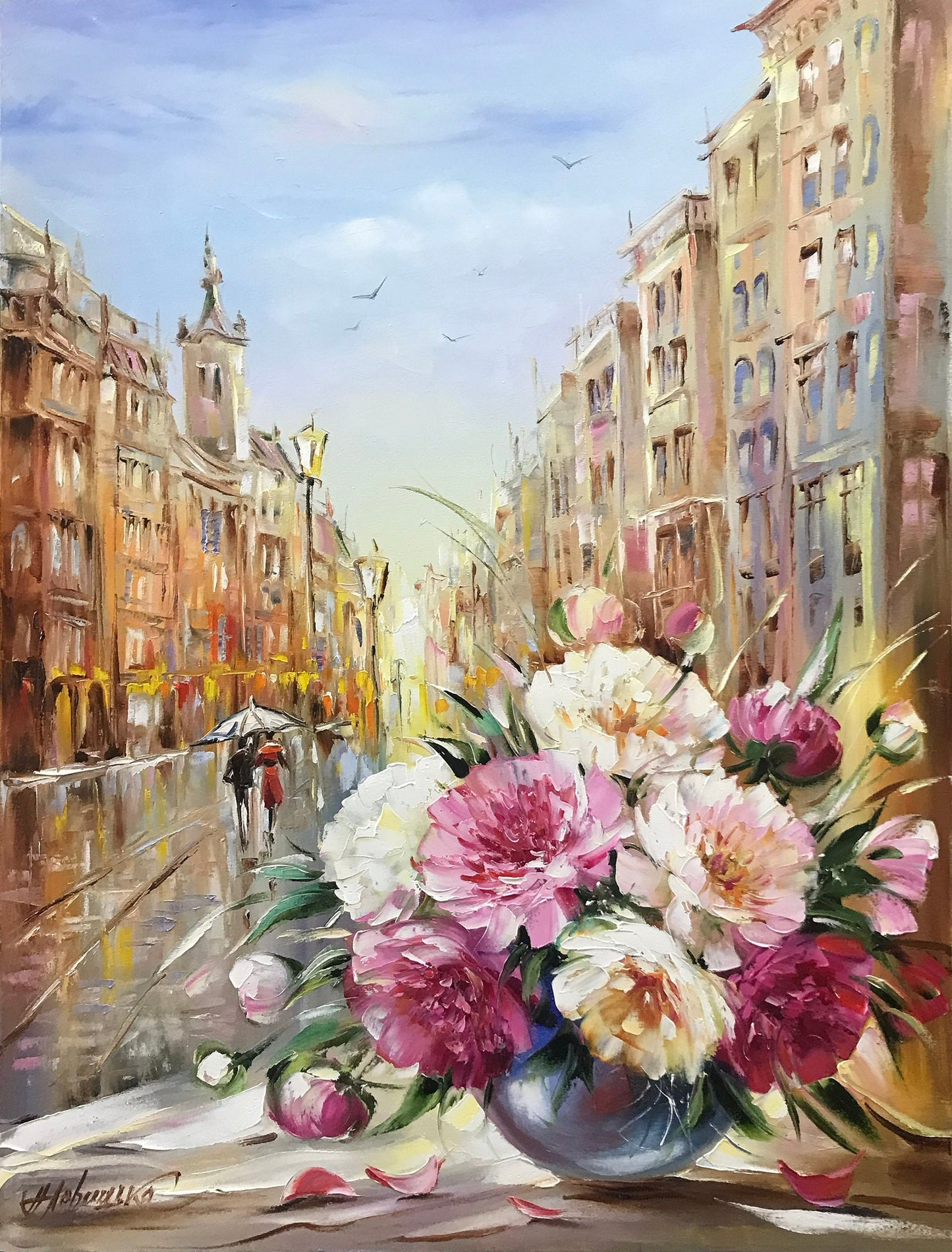 Prague Painting on Canvas Prague Wall Art Peonies Painting Original Art Flowers on Window Painting European Art Peony Painting Peony Artwork