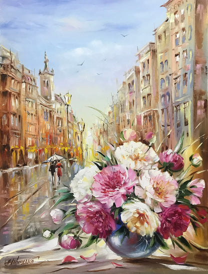 Prague Painting on Canvas Prague Wall Art Peonies Painting Original Art Flowers on Window Painting European Art Peony Painting Peony Artwork