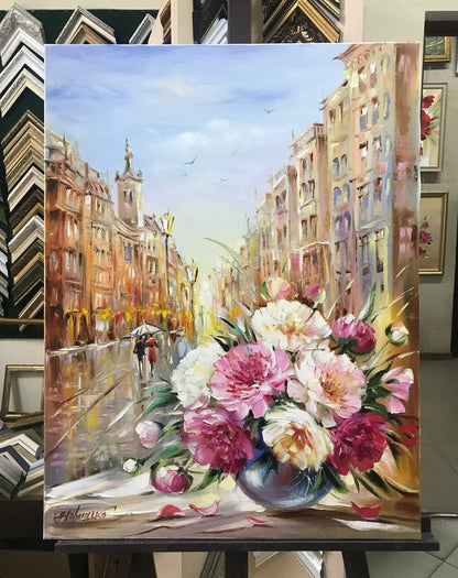 Prague Painting on Canvas Prague Wall Art Peonies Painting Original Art Flowers on Window Painting European Art Peony Painting Peony Artwork