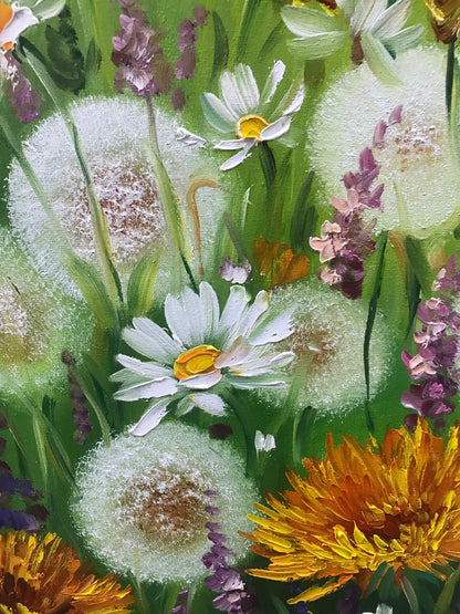 Flower Field Oil Painting Original Art Work Wildflower Meadow Painting on Canvas Dandelions Art Floral Meadow Painting Dandelion Flower Art