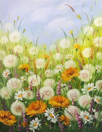 Flower Field Oil Painting Original Art Work Wildflower Meadow Painting on Canvas Dandelions Art Floral Meadow Painting Dandelion Flower Art