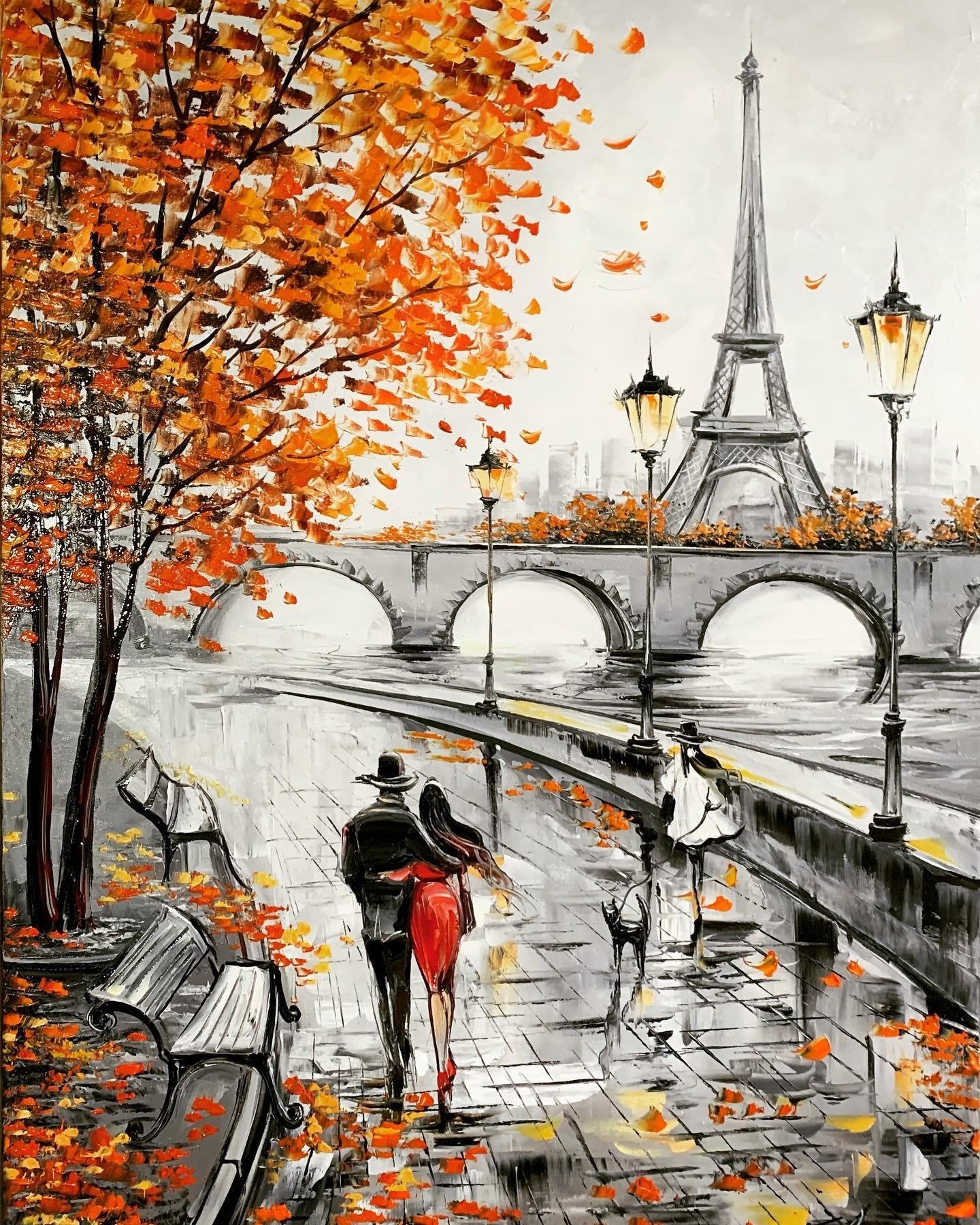 Couple in Love Painting Canvas Eiffel Tower Art Fall Oil Painting Fiance Gift for Her Paris Oil Painting French Artwork Romance Painting