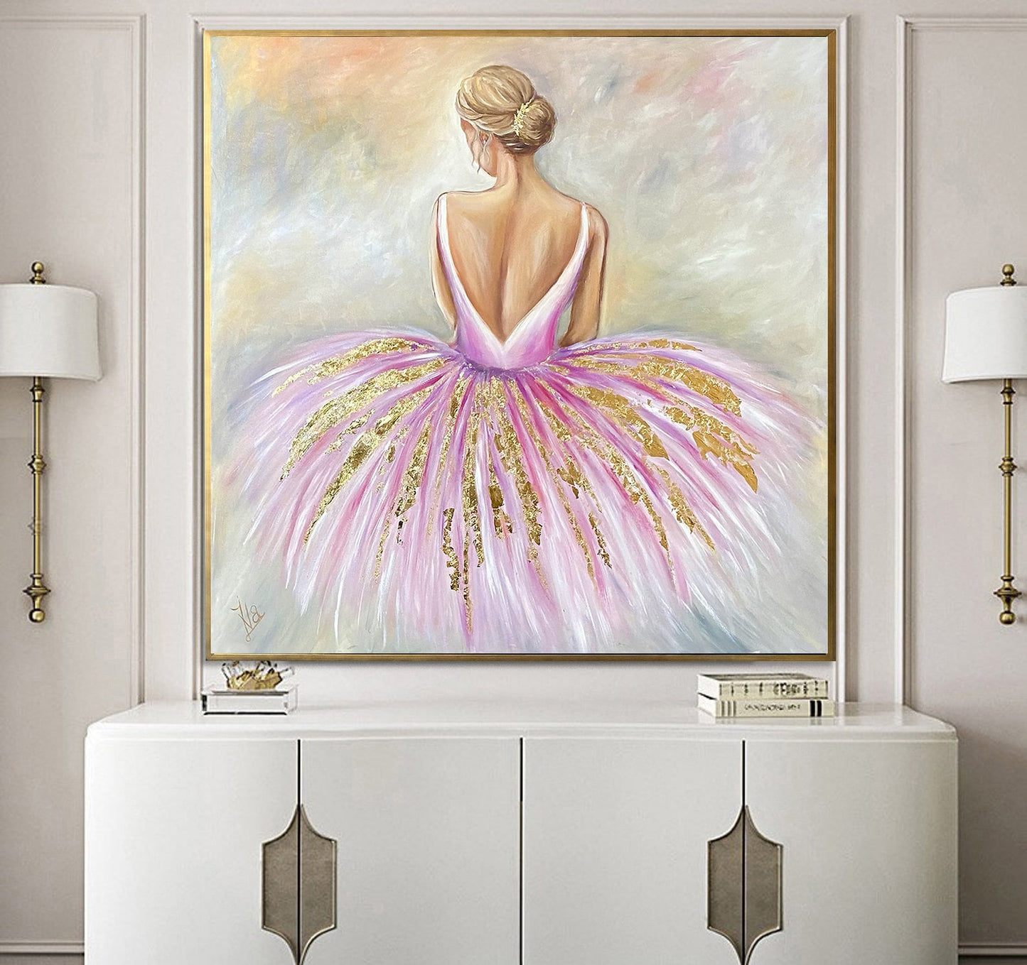 Pink Ballerina Canvas Painting Ballet Wall Decor for Girl Sitting Woman Painting Ballerina Artwork for Sale Girl in Pink Dress Painting Art