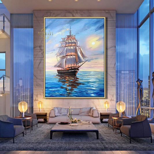 Colorful Ship at Sunset Oil Painting, Ocean Waves Wall Art, Sailing Ship Painting, Large Nautical Art 28x32, Seascape Oil Painting on Canvas