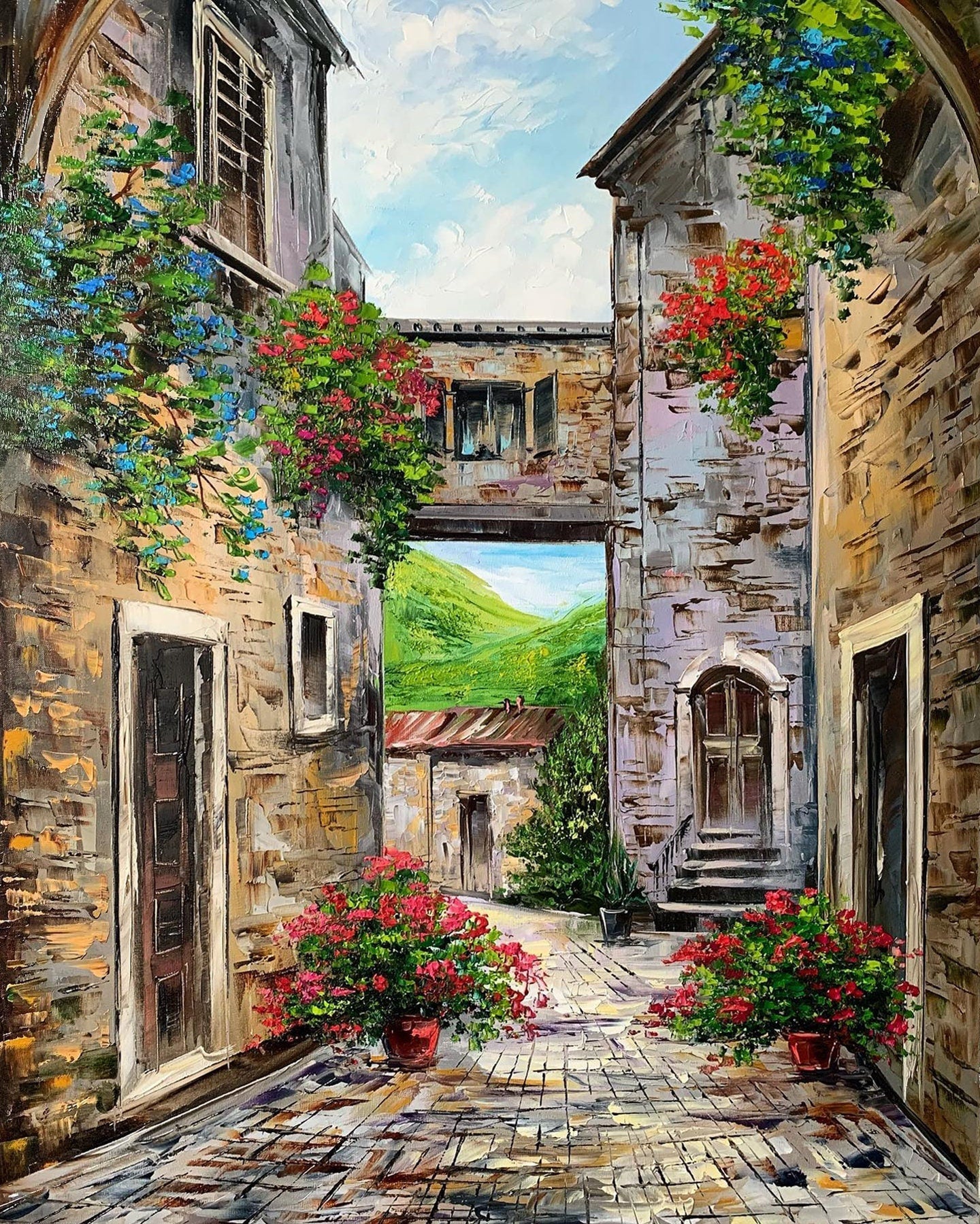 Italian Village Oil Painting On Canvas Florence Italy Art Italian landscape Painting Original Italy Street Art Large City Street Painting