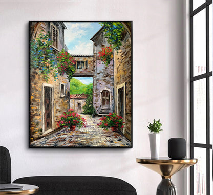 Italian Village Oil Painting On Canvas Florence Italy Art Italian landscape Painting Original Italy Street Art Large City Street Painting