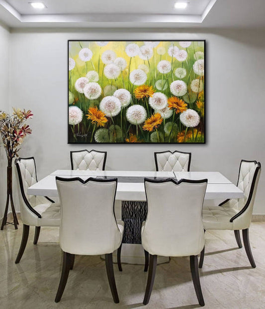 Large Dandelions Oil Painting Original Wildflower Framed Art Green Field of Dandelions Painting on Canvas Large Floral Meadow Wall Art Work