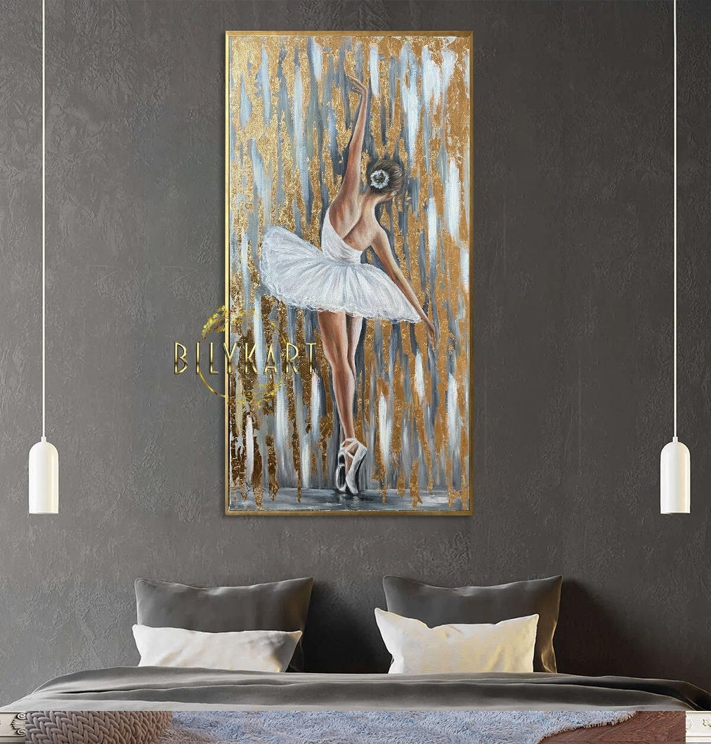 Abstract Ballerina Oil Painting Original Gold Ballerina Wall Decor Dancing Woman Art Ballet Painting Gold Leaf Ballerina Painting on Canvas