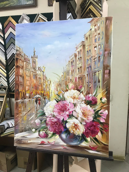 Prague Painting on Canvas Prague Wall Art Peonies Painting Original Art Flowers on Window Painting European Art Peony Painting Peony Artwork