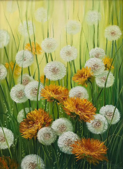 Dandelion Flower Oil Painting Original Art Work Ukraine Artist Botanical Art Ukrainian Painting Field of Flowers Painting Dandelion Wall Art