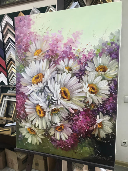 White Daisy Oil Painting Original Art Work Daisies Painting on Canvas Wildflowers Art Flower Wall Art Floral Oil Painting Daisy Artwork