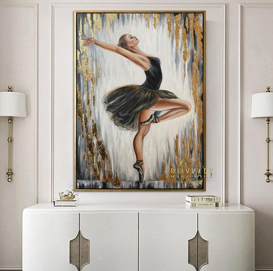 Abstract Ballerina Painting on Canvas Black and White Art Original Ballet Artwork Ballet Painting Gold Leaf Ballerina Oil Painting 70x100 cm